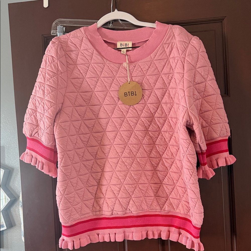 BiBi Pink Quilted Sweater with Ruffle Trim